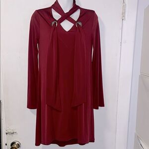 ARIELLA Burgundy Tie Collar Tunic Dress-S